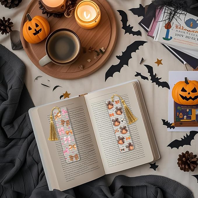 Halloween UV DTF Bookmark Wraps - 24 Sheets Cute Spooky Pumpkin Skeleton UV DTF Bookmark Stickers for Book Lovers, Pink Bows Spider Web Transfer Sticker DIY Blank Bookmarks Decoration (Stickers only)