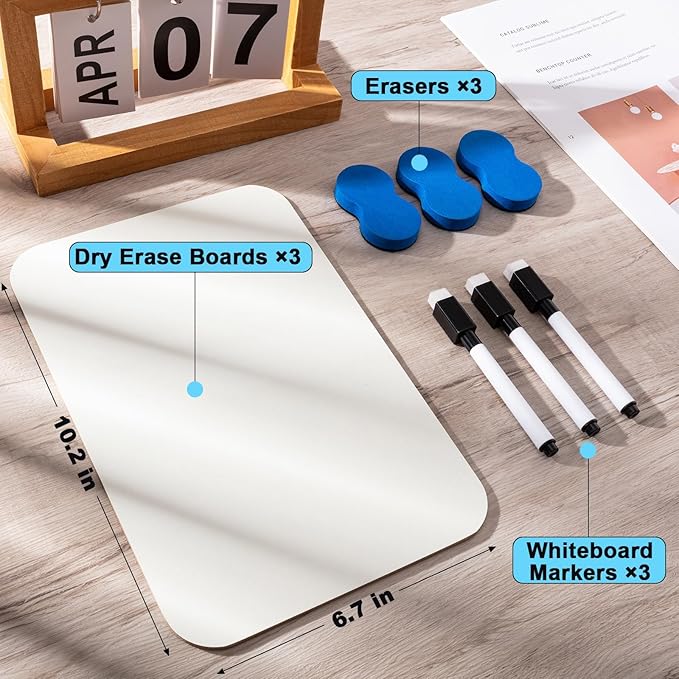 Small White Board Dry Erase, 3 Packs Double Sided Mini Boards with 3 Markers and 3 Erasers for Office School Supplies 7''x 10''