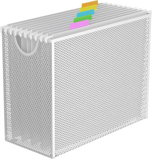 Hanging File Organizer, Letter-Size File Holder Filing Box with 5 Hanging Folders, Metal Mesh Desk File Folder Storage(No Assembly Required) (White, with 5 Grey Folders)