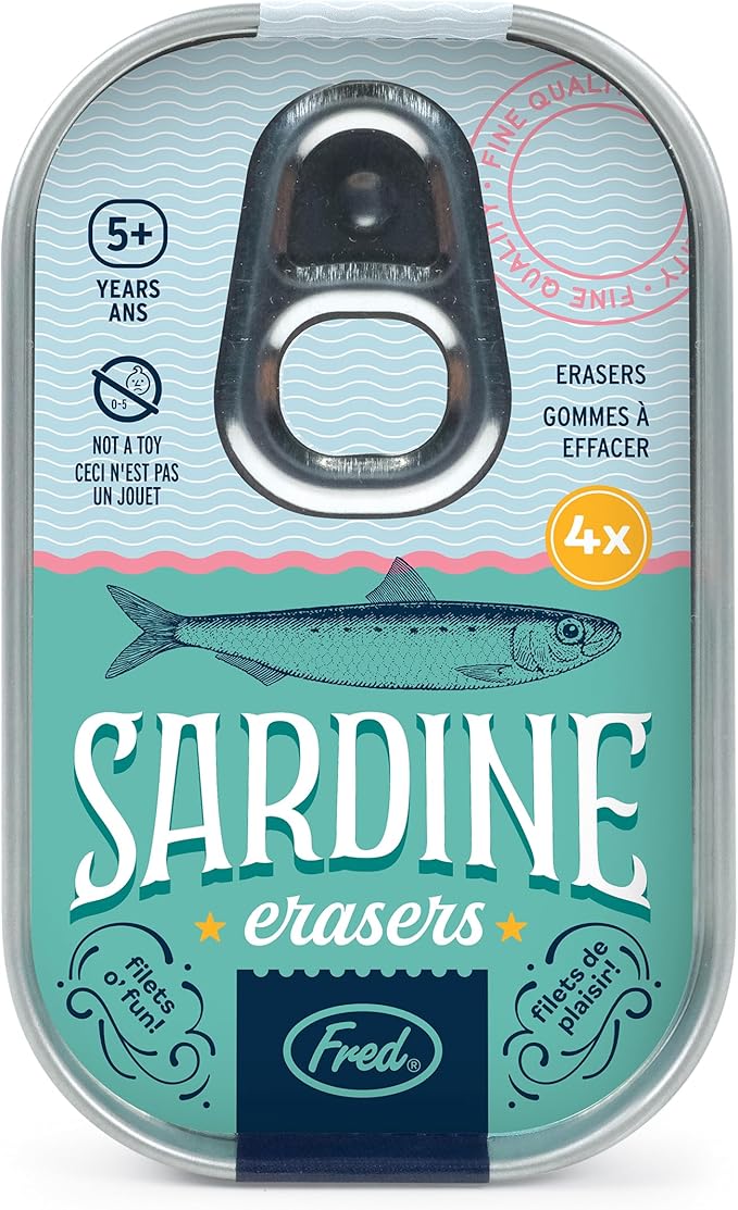 Genuine Fred Sardine ERASERS, Set of 4 Fish-Shaped Erasers, Quality Materials, Fun Desk Accessory, Packed in Charming, Well-Designed Sardine Tin, Perfect for School, Home, Office, and Gifts