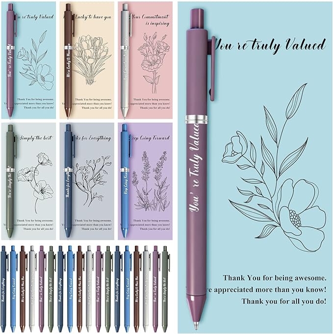 Auch Employee Appreciation Gifts Bulk, 30 Sets Inspirational Quote Pens with Floral Thank You Cards, Motivational Gifts for Coworkers, Teachers, Staff and Team (Grey)