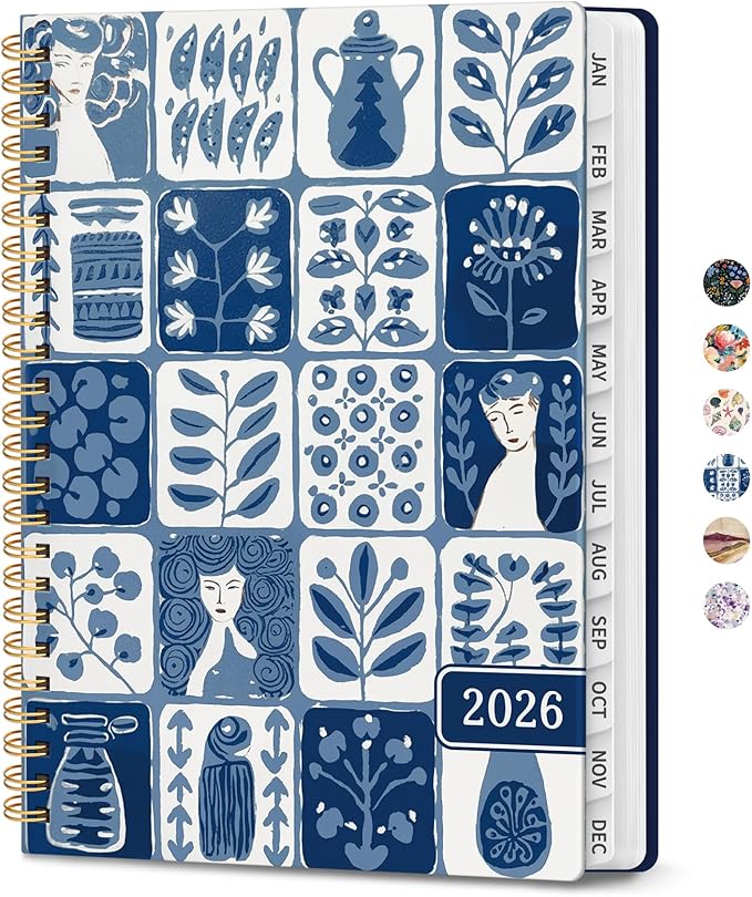 2026 Planner, Weekly and Monthly Planner for Women, Jan 2026 - Dec 2026 Pretty 2026 Calendar Planner with Monthly Tabs, Inner Pocket, Spiral Binding, Perfect for Office Home School - 6.3" x 8.5", Blue Art