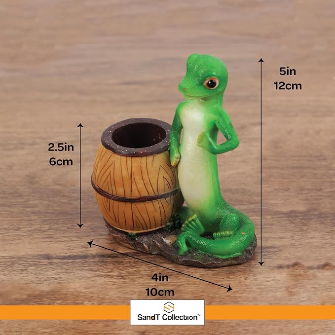 Green Gecko Pencil Holder with Tree Stump or Barrel Storage, Figurine Desktop Accessory (Barrel)