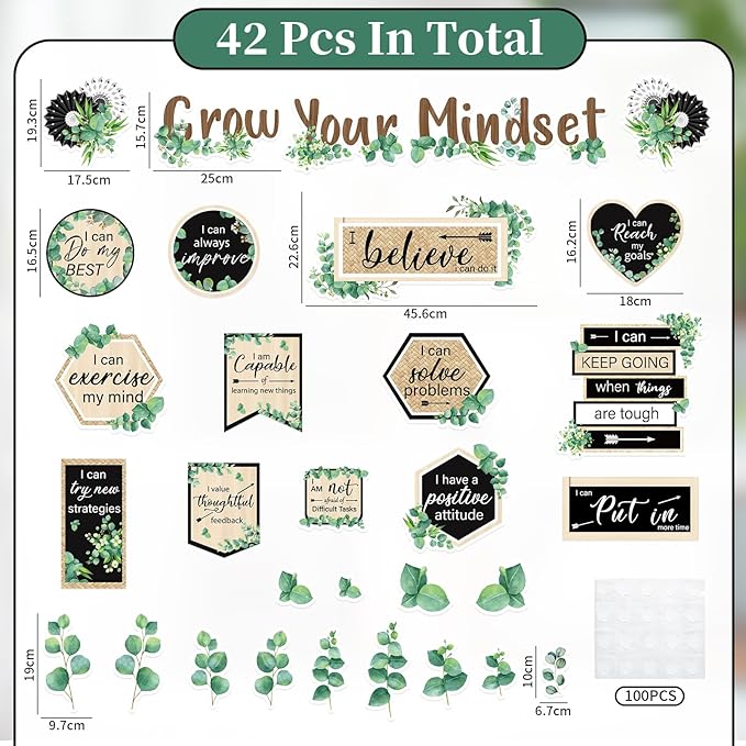 FYSUIMU 42Pcs Grow Your Mindset Bulletin Board Set Eucalyptus Leaves Greenery Paper Cutouts with 100Pcs Glue Points for Back to School Party Classroom Craft Wall Decor