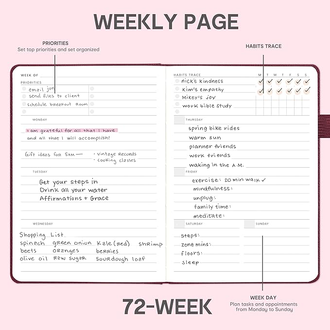 And Per Se Undated Weekly Planner 2026, A5 size Leather Hardcover Planner with Goals & Habit Tracker – ADHD Planner & Productivity Journal (Dark Red)
