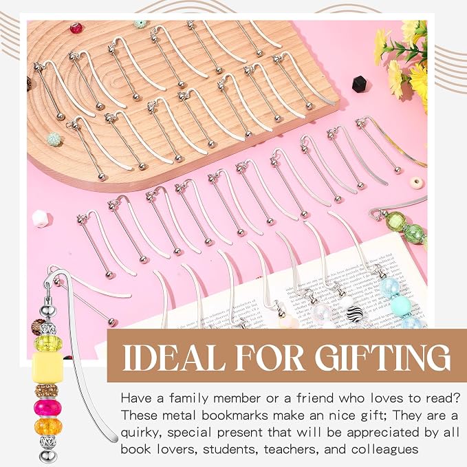Dunzoom 50 Pcs Beadable Bookmarks DIY Metal Blank Bar Bookmark for Beads Modern Bead Craft Jewelry Pendant Charm Gift for Book Lovers Student Teacher Office Supplies(Silver)