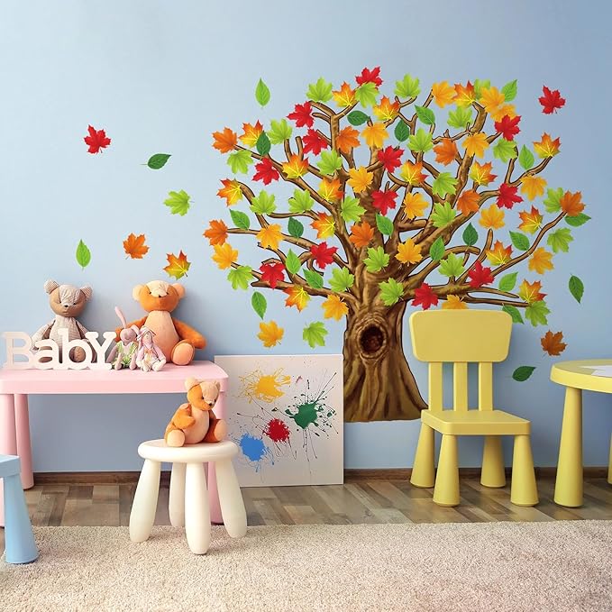 Gersoniel 90 Pieces Classroom Tree Bulletin Board Decorations Conversation Fall Leaves Cutouts Autumn Stickers for Classroom Home Wall Decor(Natural Style)