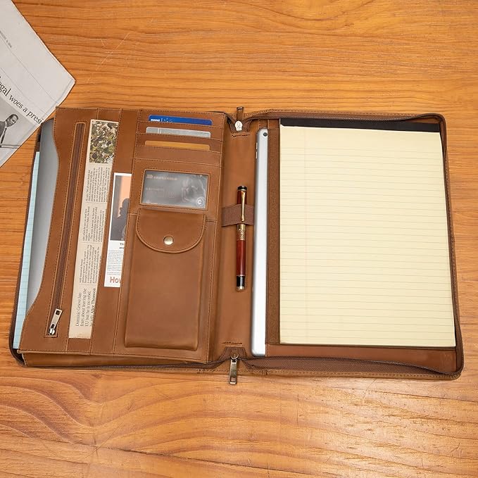 YIWEN Handmade Leather Portfolio, Zippered Padfolio Organizer Case, 8.5 x 11" Notepad Holder and 13" Tablet Folio, Professional Business Travel Gift for Women and Men (Brown, Crazy Horse Leather)