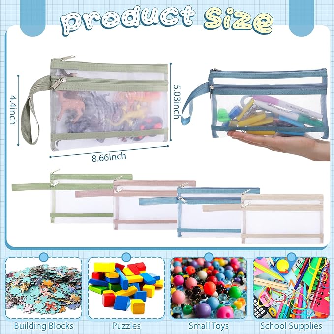 MotiMind 24 Pack Double Layer Mesh Zipper Pouch Bags 8.66 x 5 Inch/ A6 Large Capacity Zipper Mesh Bags for Organizing Storage Colored Storage Pouch with Handle for School Office and Home
