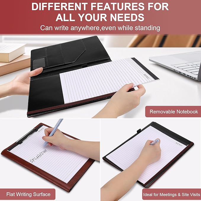 Clipboard Padfolio with Storage Pocket, Clipboard Folder Portfolio Organizer, 360 Degree Foldable Clipboards with Refillable Notepad,Faux Leather Padfolio Organizer for Office School Supplies-Wine Red