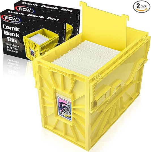 BCW Short Comic Book Bin | Holds 150 Comics | Stackable Plastic Storage | Acid-Free Organizer | Yellow, 2 Pack