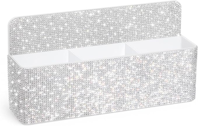 MotiMind White Locker Accessories for Girls, Bling Magnetic Pen Holder for Refrigerator, Back to School Rhinestone Marker Holder for Locker, Sparkly Gift for Student (Large,Rhinestone)