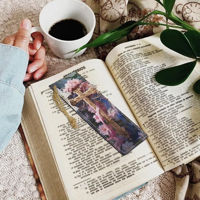Floral Cross Bookmark Set of 2 for Bibles, Books Leather Bookmarks for Women Book Lover Bookish Book Marker with String for Bookworms Bookmarks Accessories Pink