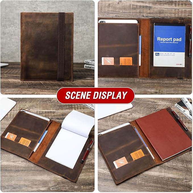 Top Grain Leather 11" Padfolio for Men & Women, Handmade Vintage Design, Multi-Functional Business Portfolio Organizer, Compatible with Cards/iPad/Pen/B5 Size Document, Coffee 11 Inch