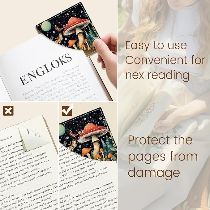 Icycay Cute Mushroom Corner Bookmarks, Leather Book Accessories for Book Lovers, 3 Pcs Reading Book Page Markers for Women Men Student Teacher Girls Boys Kids Retirement Birthday Gifts