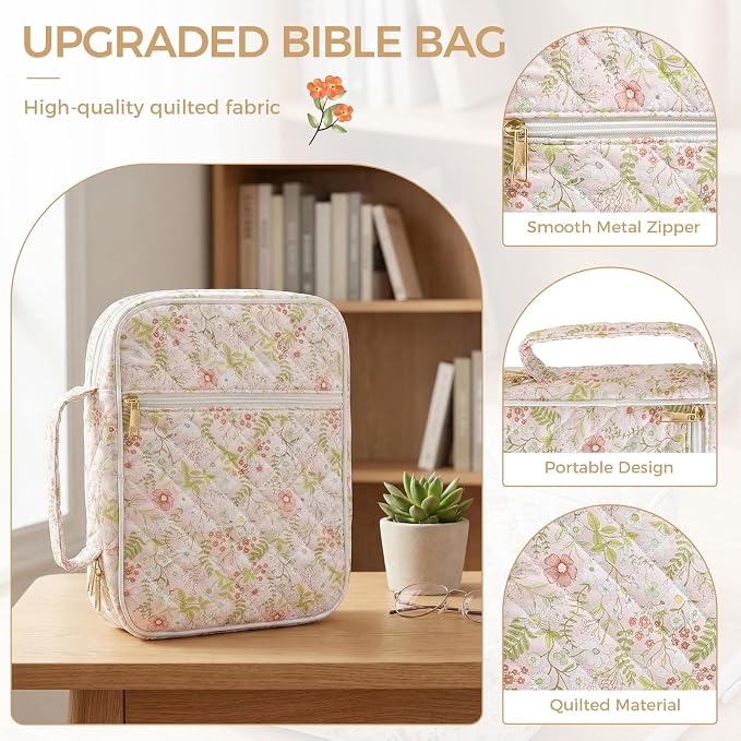 Bible Cover Case Durable Handle Quilted Bible Carrying Case for Girls Bible Study Supplies Accessories (Spliced Flower)