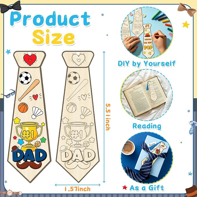 36Pcs Color Your Own Father's Day Bookmarks for Kids, Fathers Day DIY Tie Art Craft Kits Make Your Own Tie Bookmarks with Tassels DIY Father's Day Art Craft Gifts from Kids for Party Goodie Fillers