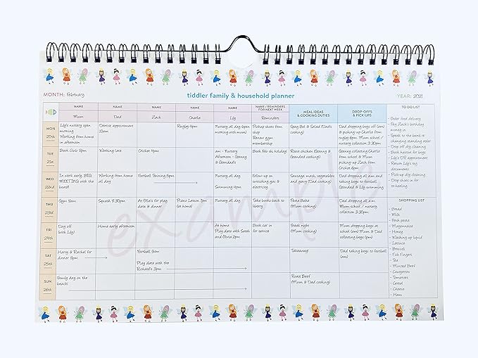tiddler family & household planner | Undated Weekly Family Organizer/Planner Calendar | Clever Layout in A4 Size (11.7" x 8.3") | Space For 6 People & 1 Years Planning | Features (Fabulous Fairies)