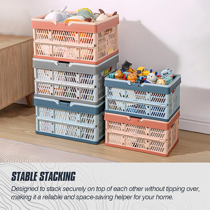 Domiella 2-Pack Foldable Storage Baskets, Collapsible PP Crates with Handles - 20L Capacity, Strong and Portable for Home Organization, Picnic and Shopping, Grey + Pink