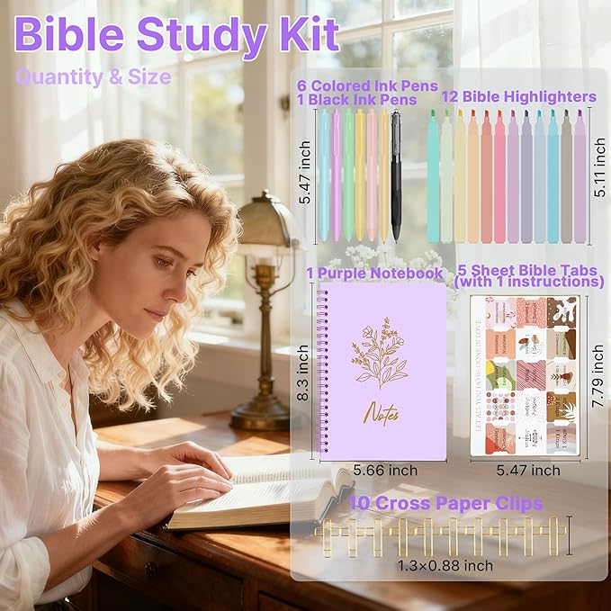 PUGPIU Bible Cover Case for Women, Large Quilted Bible Bag with Shoulder Strap and Handle, Bible Study Supplies Journaling Kit with Highlighters Pens No Bleed Tabs Notebook Cross Clips (Light Purple)