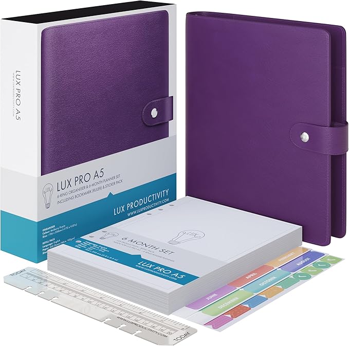 LUX PRO A5 - Daily Planner & appointment diary 2024 - Gratitude journal, wellness journal & Undated weekly planners and organisers - Desk journals for women & men - LUX Productivity (Purple Mulberry)