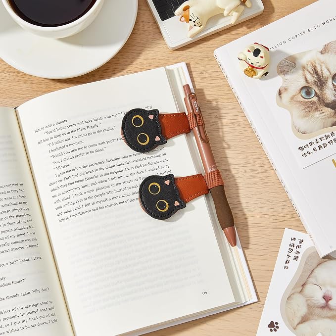 2Pcs Magnetic Bookmarks with Gift Box Magnetic Pen Holder for Notebook Cat Book Marks Clip Gift for Book Lover Readers Cute PU Leather Bookmark for Women, Cat (Brown+Brown)