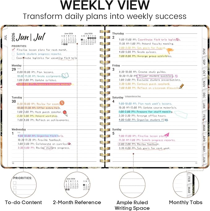Academic Planner 2026-2027, Weekly and Monthly Calendar Book, July 2026 – June 2027, Hardcover Planner with Tabs, Perfect for Teachers, Students, Women & Men, A5 (6.4" x 8.5") - Mushroom