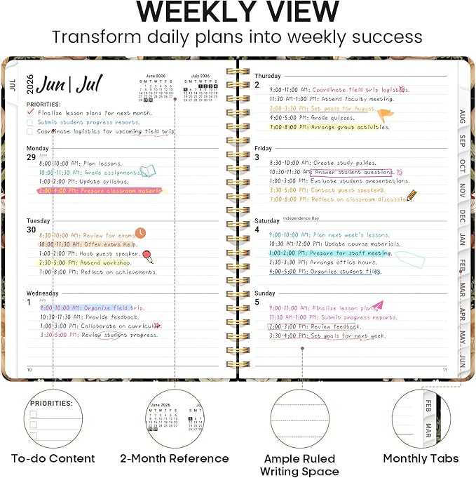 Academic Planner 2026-2027, Weekly and Monthly Calendar Book, July 2026 – June 2027, Hardcover Planner with Tabs, Perfect for Teachers, Students, Women & Men, A5 (6.4" x 8.5") - Mushroom