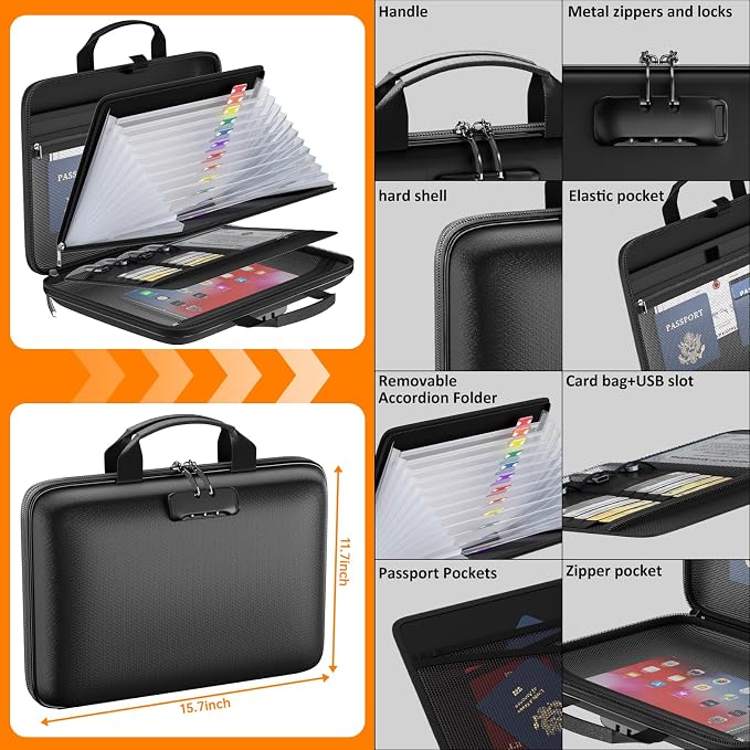 Fireproof File Organizer with Lock, Hard Case Fireproof Document Box with 13 Pockets Accordion File Folder, Important Document Organizer for Letter A4 Files Laptop Passports (Black)
