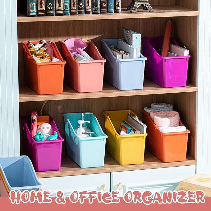 Geetery 12 Pcs Book Bin for Classroom with Labels Stackable Plastic Organizing Bins 11.5 x 5.4 x 7.5 in Book Holders Storage Bins Box Baskets for Classroom Library Home (Wildflower Color)