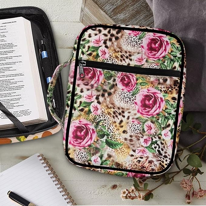 Coldinair Rose Flower Bible Cover for Men Leopard Bible Case Handbag for Women Larger Bible Bags Totes Carrying Case with Handle Travel Bible Accessories for Women, Cheetah Brown, Pink Flower