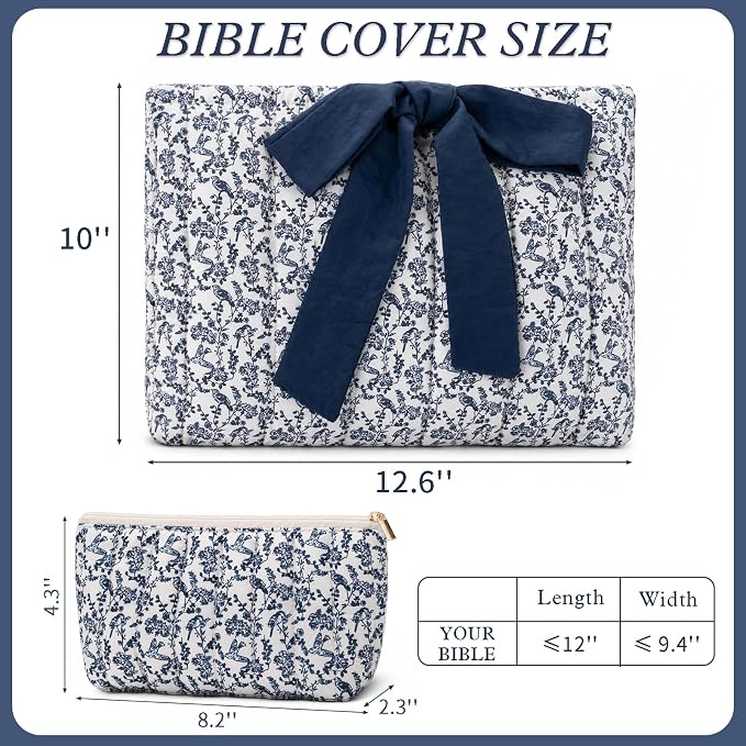 XKDOUS Quilted Cotton Bible Case for Girls and Women, Machine Washable Bible Book Cover with Large Capacity Pen Bag, Soft Cute Bible Carrying Bag with Bow Fits Most Standard Bibles, Songbird Floral