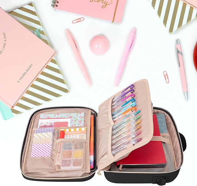 Teamoy Journal Supplies Storage Case, Journal Supplies Holder with Detachable Pen Slots, Travel Organizer Holder for B5 Notebooks, Planner, Pens, Journal Supplies and Accessories, Black Quilted