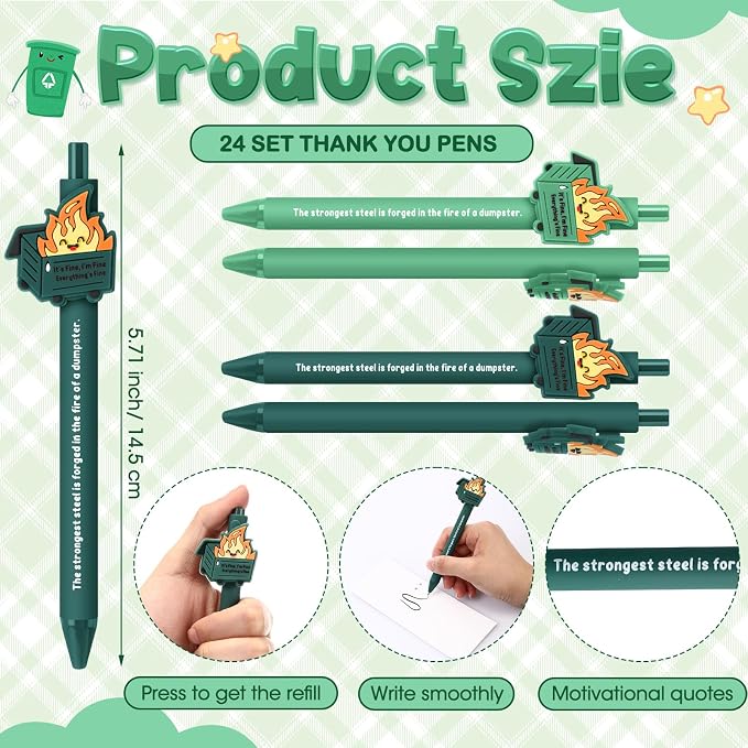 Sayglossy 24 Set Dumpster Funny Desk Accessorie Employee Appreciation Bulk Teacher Graduation End of Year Positive Coworker CNA Nurse Thank You Inspirational Pen Mini Figurine Card Bookmark (Green)