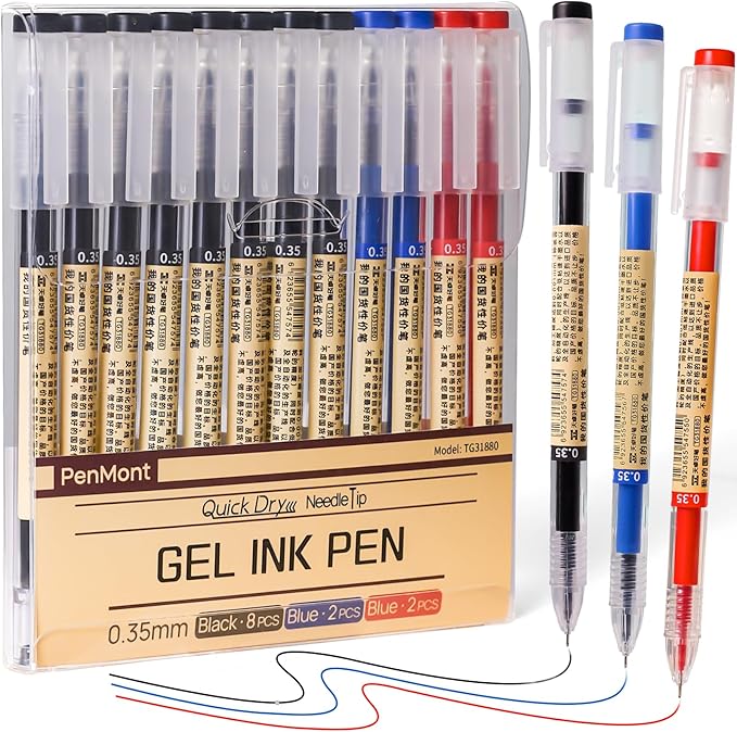 Quick Dry Gel Roller Pens, Japanese Style, 0.35mm Extra Fine Point, Precise and smooth writing, 12-Count Pack (8 Black + 2 Blue + 2 Red)