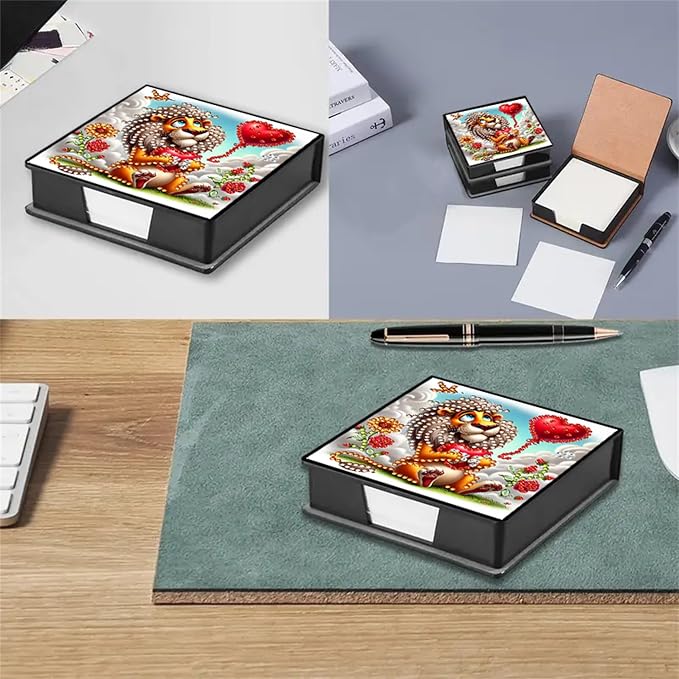 Lion Diamond Painting Note Box Memo Pad Holder,Animal Diamond Art Sticky Notes Organizer for Desk, Aesthetic Stationery Storage Case for Office,School Supplies (Lion)