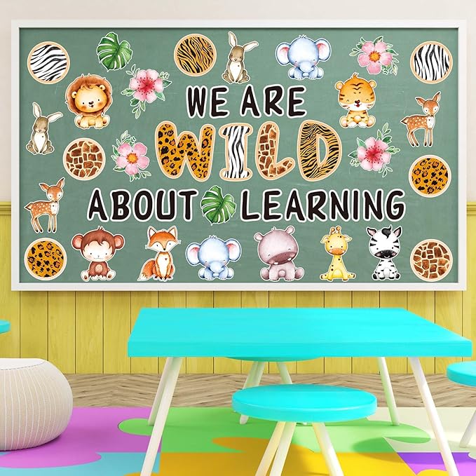 JarThenaAMCS We are Wild About Learning Bulletin Board Set Wild Safari Animals Paper Cutouts with 100Pcs Glue Points Woodland Theme Cut-Outs Decor for Back to School Kindergarten Jungle Party, 56Pcs