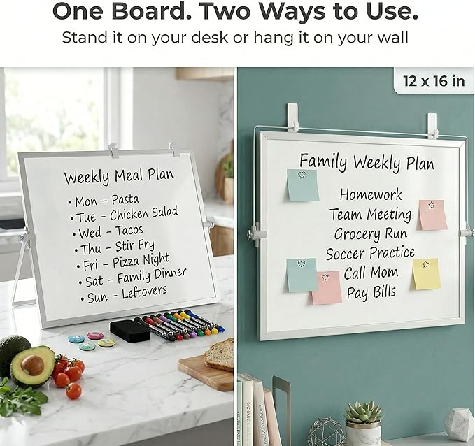 Magnetic Dry Erase Whiteboard 12 x 16 Double Sided, Portable Small White Board with Stand, to Do List Weekly Planner Board for Desk or Wall, Includes 8 Markers Eraser 4 Magnets