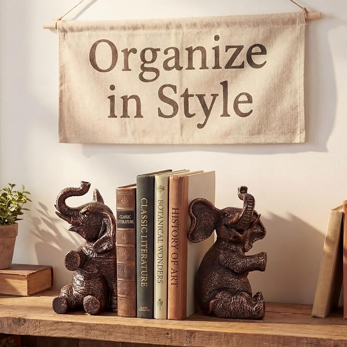 Elephant Bookends with Non-Slip Padding - Heavy Duty Book Ends for Shelves - Gold Decorative Bookend Unique - Vintage Animal Holders for Heavy Books - Living Room Bookshelf Decor - 4 x 4 x 7 Inches