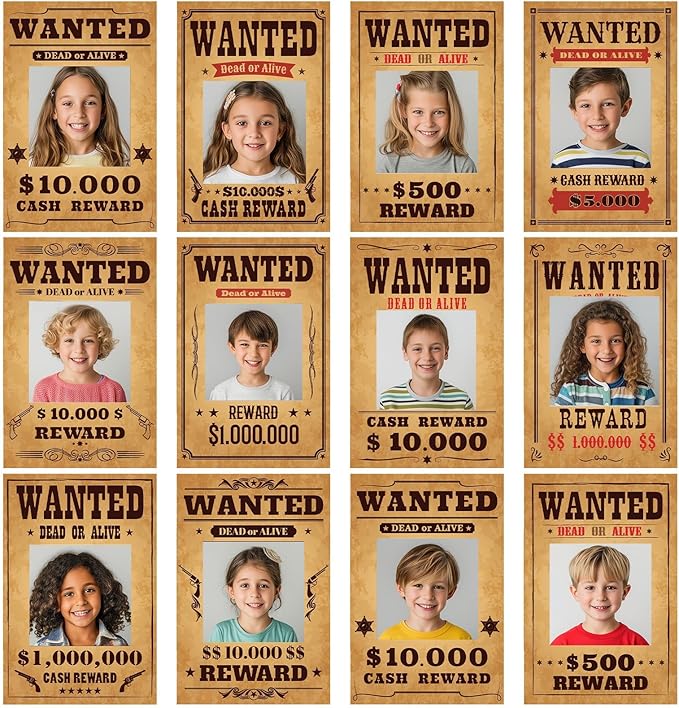 OBUSATT 60 Pcs Western Wanted Theme Cutouts West Cowboy Cowgirl Bulletin Board Decorations Wanted Photo Paper Cut-Outs Classroom Decor for Boy Girl Classroom DIY Craft Photo School Door Supplies West