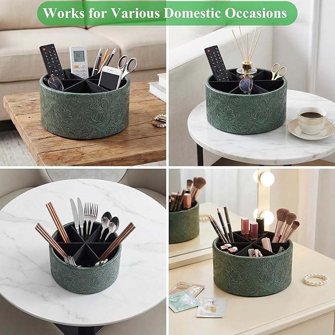 lizimandu Remote Control Holder, 360°Spinning PU Leather Desk TV Remote Caddy,Desk Storage Box Room Accessories for Controller, Media,Mail,Calculator, Mobile Phone,Pencil(1B-Carved3 Green)