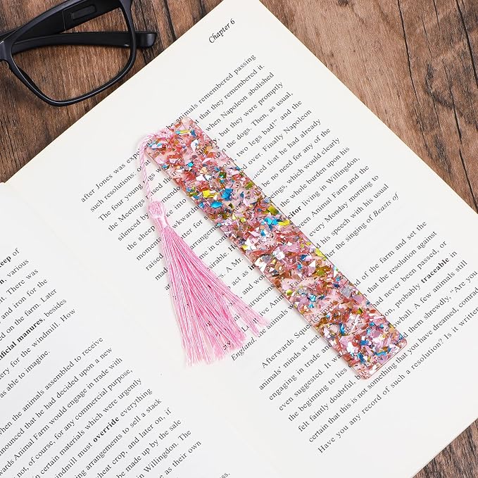 Piriuuo 2 Pcs Bookmarks for Girls, Glitter Resin Bookmarks Transparent Kids Art Bookmark with Colorful Silk Tassels for Women Girls Book Lovers Reading Presents