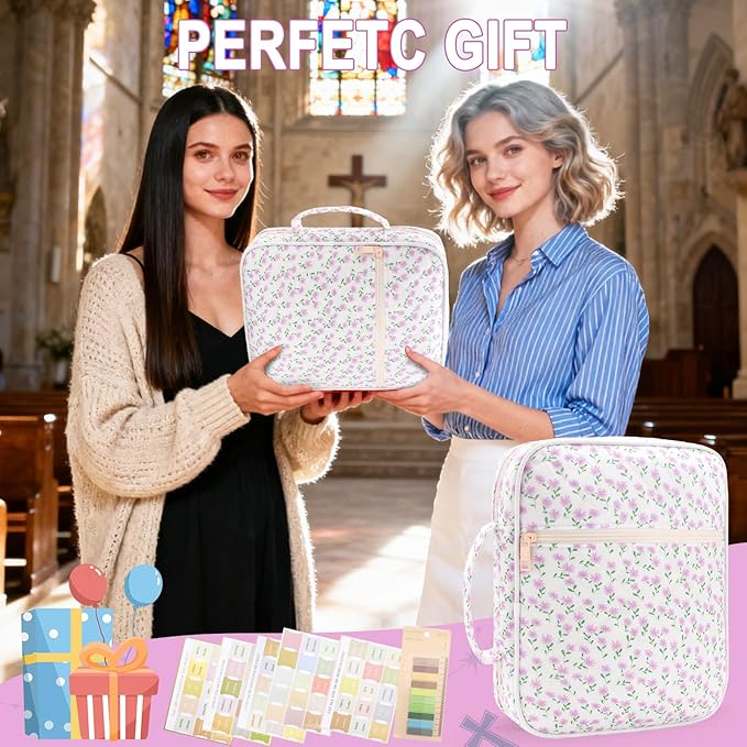 Zkptops Bible Cover Case for Women Large Bible Bag Cotton Quilted Bible Carrying Case with Zipper Pocket and Handle Carrying Book Cover for Christian Study Supplies Christian Gift(Purple Flower)