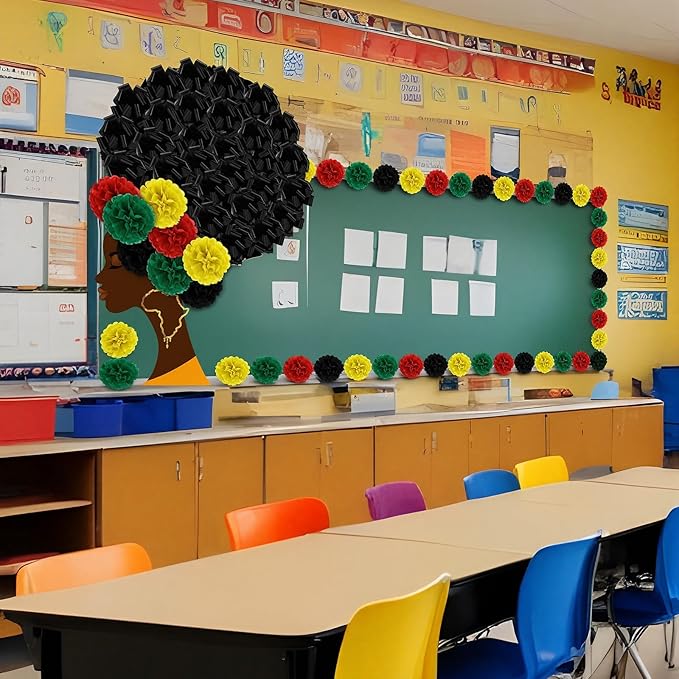 Hahafelt 77 Pcs Large Bulletin Board Decor 34.7 x 53.2 Inches Black Women Portrait Decor 6 Inch Paper Flowers 4.7 Inch Pull Bows for Classroom African American Celebration(Black History Month Green)