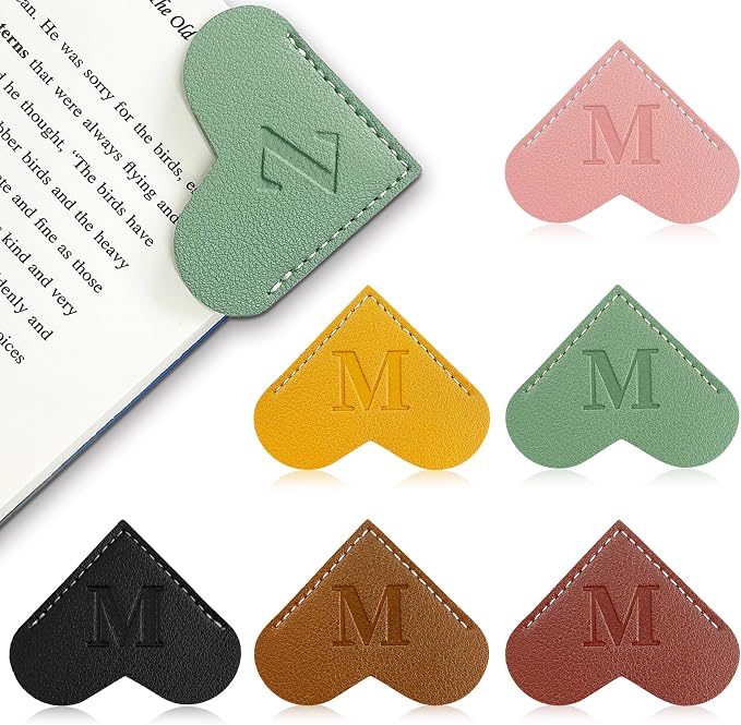 6Pcs Personalized Leather Heart Bookmark with Initial,26 A-Z Letters Cute Corner Book Mark for Reading,Book Page Accessories for Women, Book Lovers, Teachers, Students Gifts