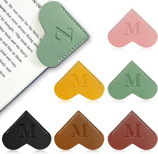 6Pcs Personalized Leather Heart Bookmark with Initial,26 A-Z Letters Cute Corner Book Mark for Reading,Book Page Accessories for Women, Book Lovers, Teachers, Students Gifts