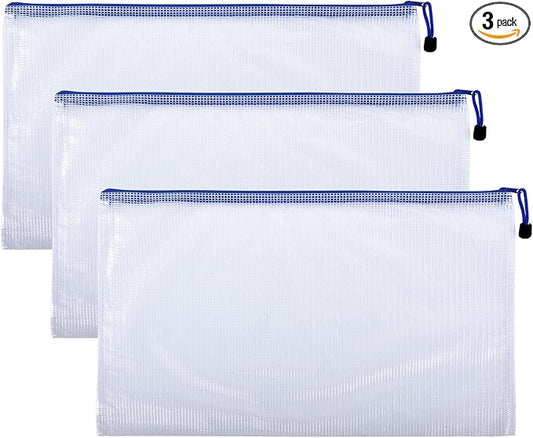 3 Pcs 13.39" x 9.45" A4 Sizes Mesh Zipper Pouch Bags, Mesh Bags with Zipper，Waterproof Clear Document Pouch for Organization Puzzles Travel, Office, Classroom Organization, A4 White
