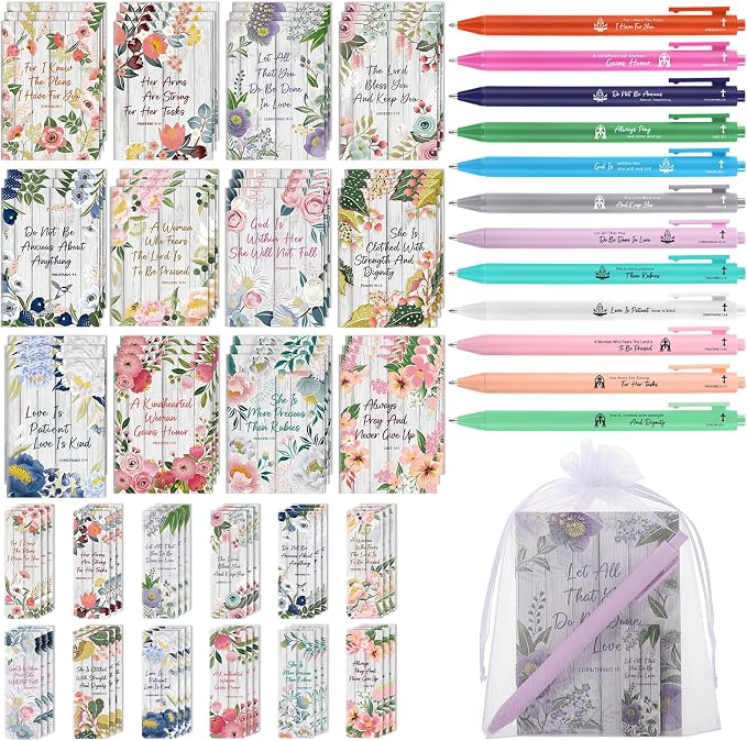 WSICSE 144 Pcs Christian Floral Bible Gifts Set Bulk, Religious Scripture Notebooks Verses Bookmarks Bible Quote Pens Organza Bags for Inspirational Bible Gifts for Office School