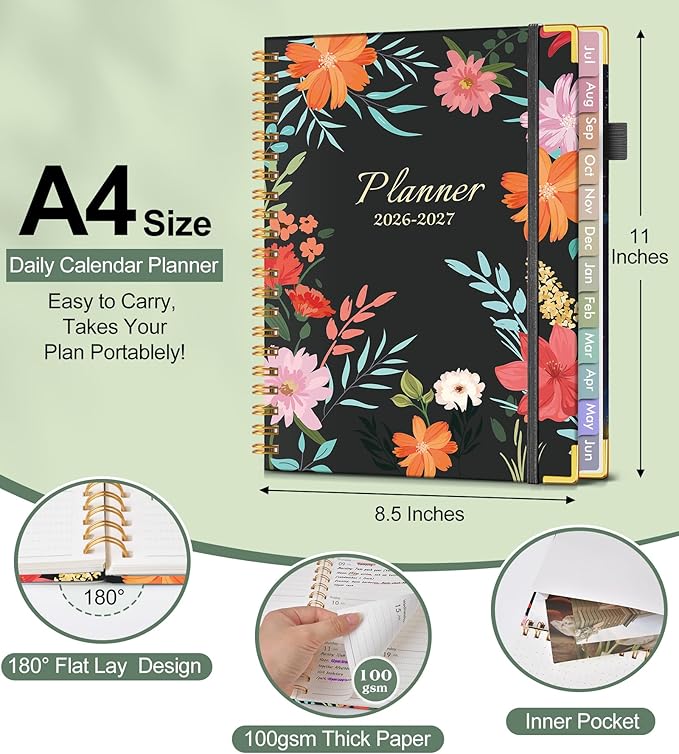 Academic Planner 2026-2027, Hardcover Weekly and Monthly Calendar Planner from July 2026 - June 2027, Daily Agenda Planners with Tabs, College School Organizer for Student Teacher, A4 (8.5" x 11"), Blooming Wildly