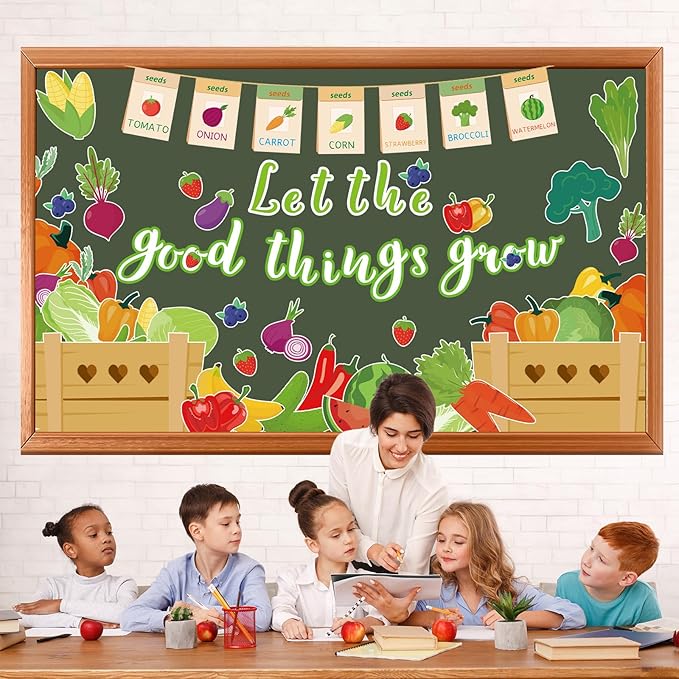 Farmer Market Bulletin Board Set Vegetable and Fruits Classroom Decoration Let The Good Things Grow Vegetable Bulletin Board Veggie Market Paper Cutouts for Back to School Chalkboard Wall Decor